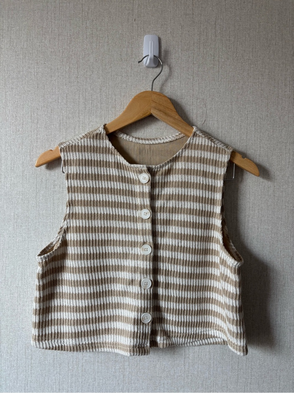 Missguided + Beige and White Striped Knit Button-Front Vest